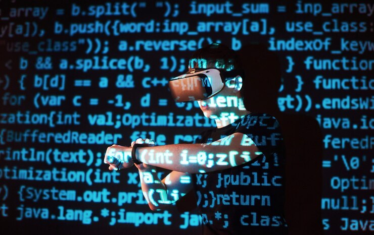 Free Photo double exposure of a caucasian man and virtual reality vr headset is presumably a gamer or a hacker cracking the code into a secure network or server, with lines of code