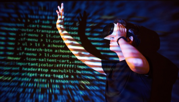 Free Photo double exposure of a caucasian man and virtual reality vr headset is presumably a gamer or a hacker cracking the code into a secure network or server, with lines of code