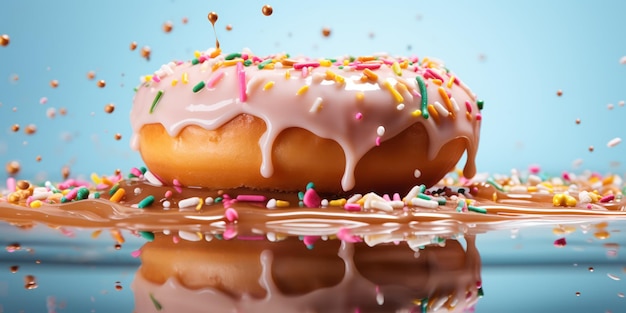 Free photo doughnut with dripping caramel and colorful sprinkles on a reflective base