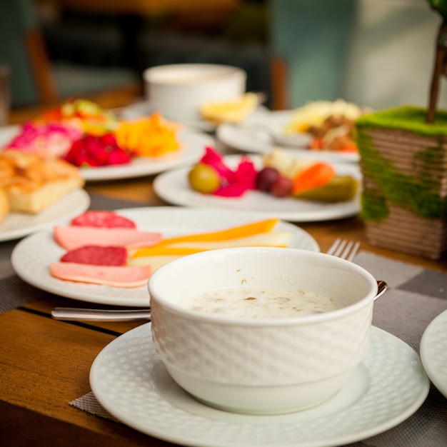 Dovga national azerbaijani soup in bowl