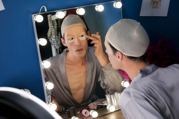 Drag person putting on makeup