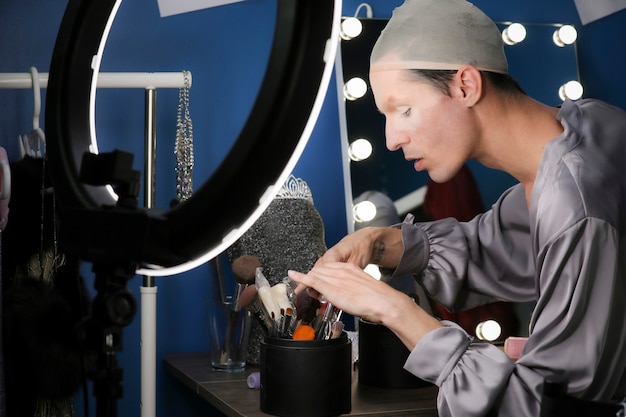 Drag person putting on makeup