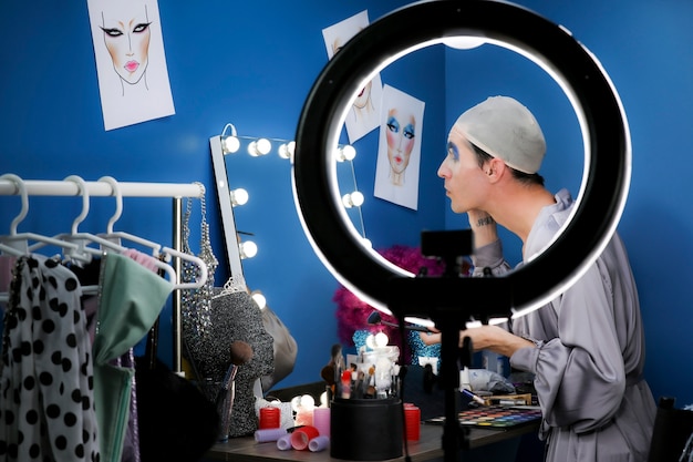 Drag person putting on makeup