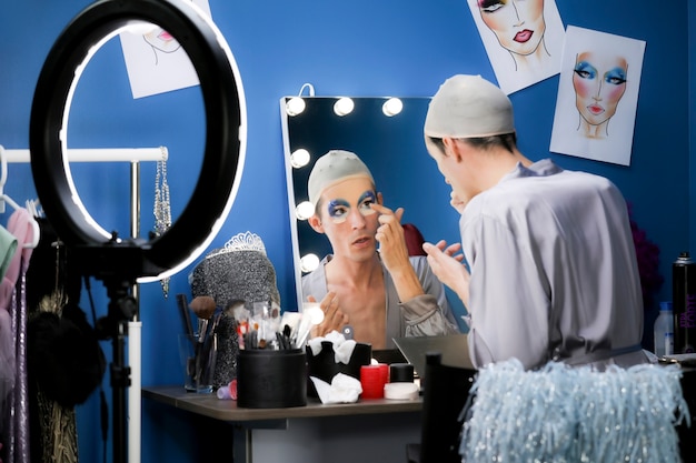 Drag person putting on makeup