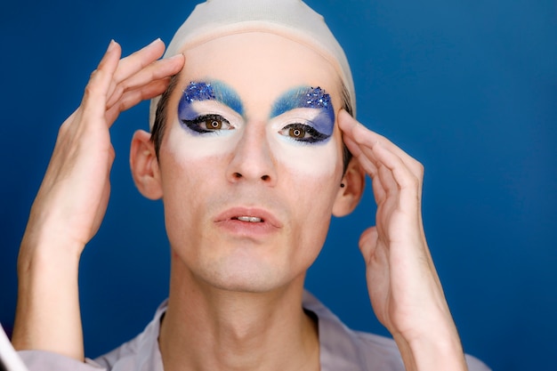 Drag person putting on makeup