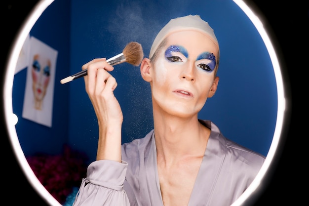 Drag person putting on makeup