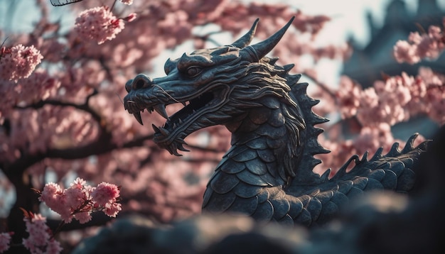 Скульптура дракона воплощает творчество восточноазиатской культуры, созданное искусственным интеллектом