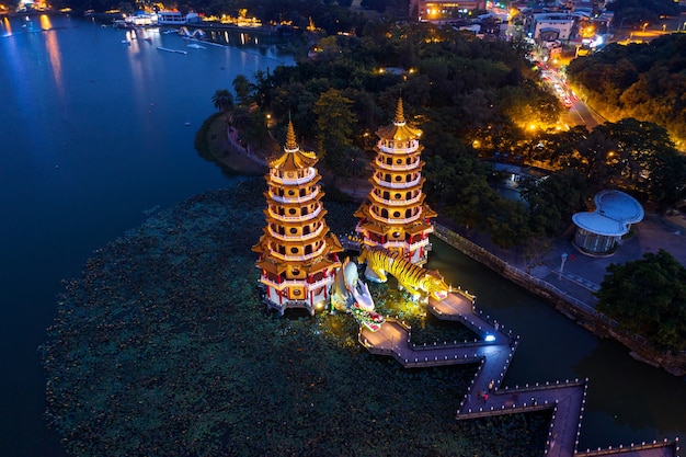 Dragon and Tiger Pagodas at night in Kaohsiung, Taiwan.