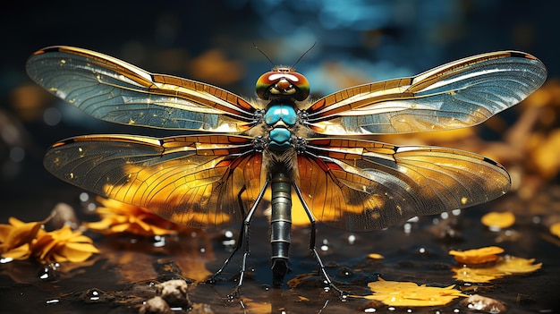 Free photo dragonfly in the dark with golden lights