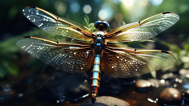 dragonfly in the dark with golden lights