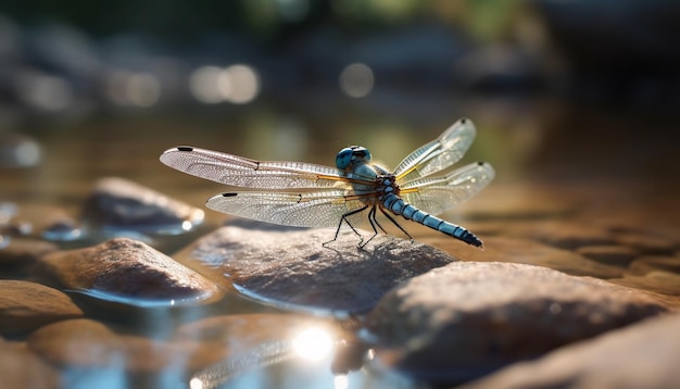 Dragonfly resting on wet leaf in sunlight generated by AI