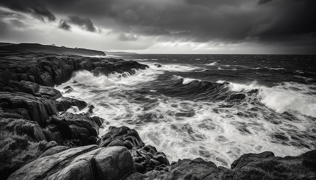 Free photo dramatic sky breaking waves rough coastline awe inspiring beauty generative ai