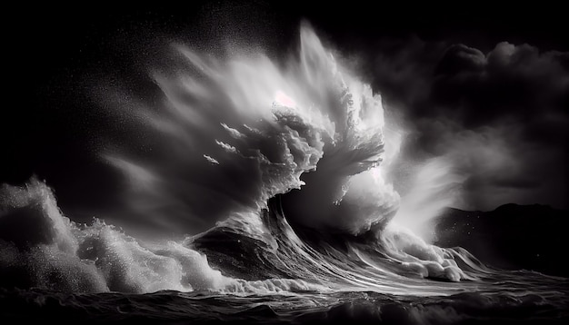 Бесплатное фото Драматическое небо обрамляет опасность, когда волны разбиваются о генеративный ии