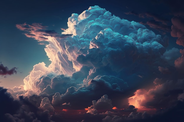 飛行機の窓から劇的な白い雲と青い空を見るカラフルな夕日の雲景の背景