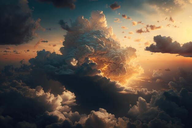 비행기 창에서 보는 극적인 흰 구름과 푸른 하늘 다채로운 일몰 클라우드스케이프 배경