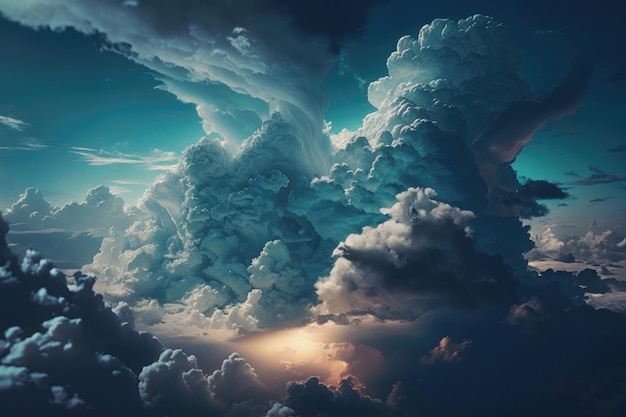 飛行機の窓から劇的な白い雲と青い空を見るカラフルな夕日の雲景の背景