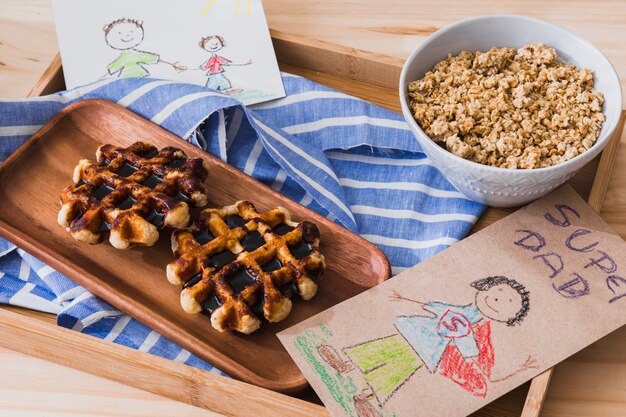 Drawings on tray with breakfast