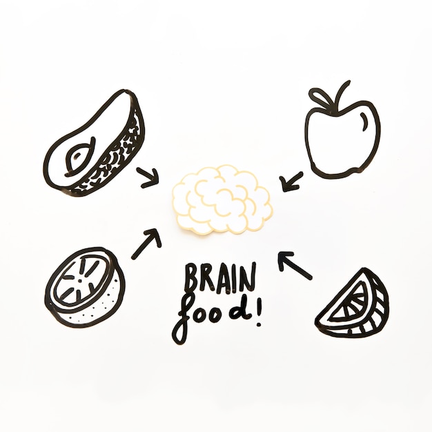 Frutta disegnata bene dal cervello su sfondo bianco