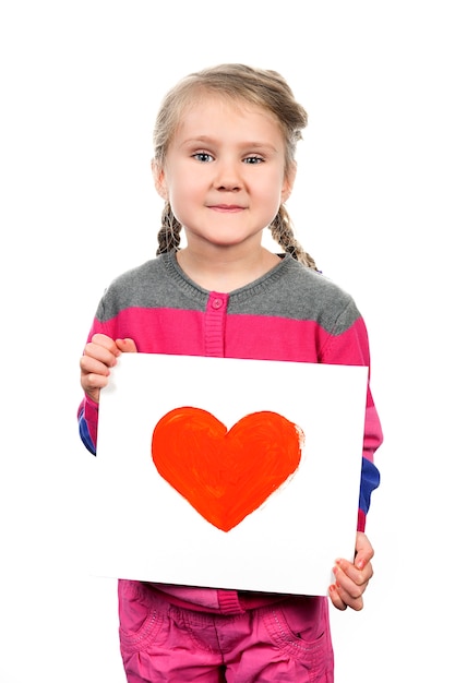 Drawn heart in girl hands on white space