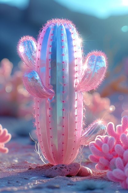 Free photo dreamy 3d rendering of magical cactus