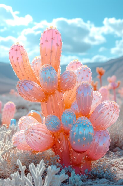 Dreamy 3d rendering of magical cactus