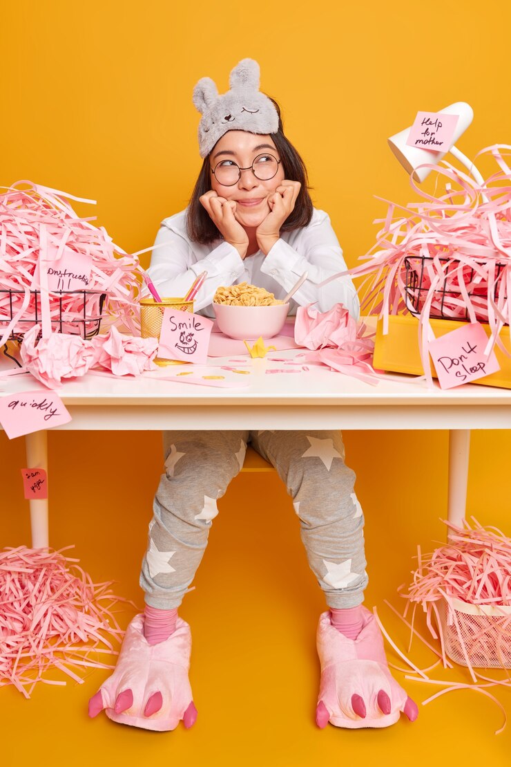 Free Photo dreamy cute asian student dressed in soft pajama and sleepmask on forehead has breakfast at workplace enjoys cozy home environment poses at messy desktop with paper rubbish yellow wall
