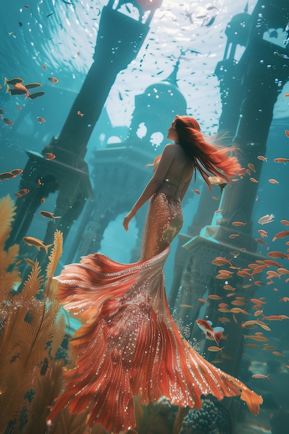 Бесплатное фото Мечтательная русалка под водой