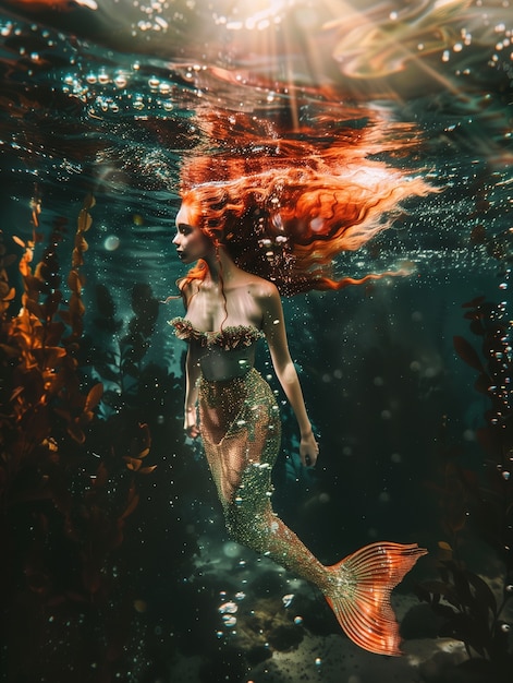 Бесплатное фото Мечтательная русалка под водой