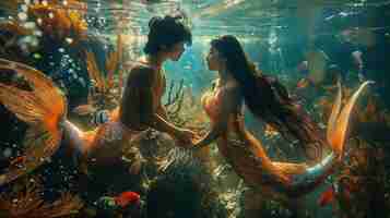 Free photo dreamy mermaids underwater