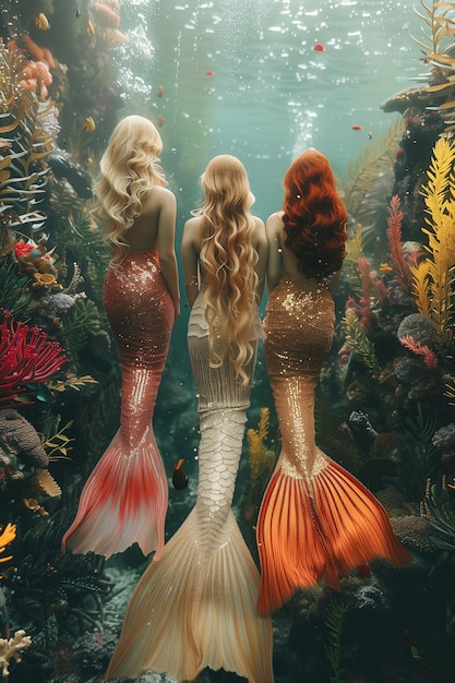 Free photo dreamy mermaids underwater