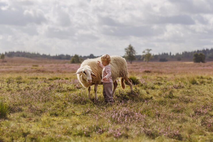 मुफ़्त फोटो dreamy shot of an adorable caucasiantoddler girl petting a sheep on a farm