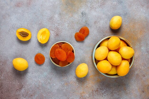 Dried apricots with fresh juicy apricot fruits