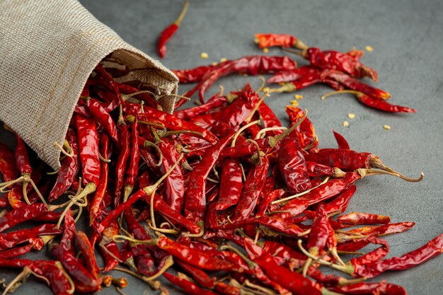 dried chili pepper pouring out from sac to floor