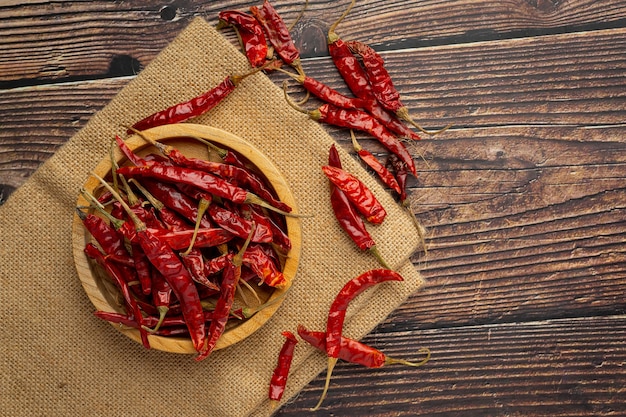 Free photo dried chili pepper in small wooden plate