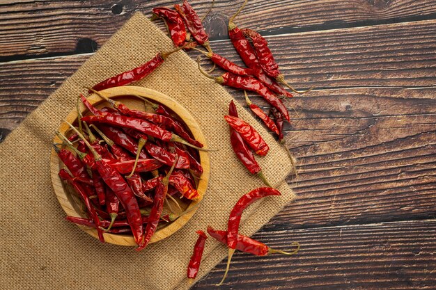 dried chili pepper in small wooden plate