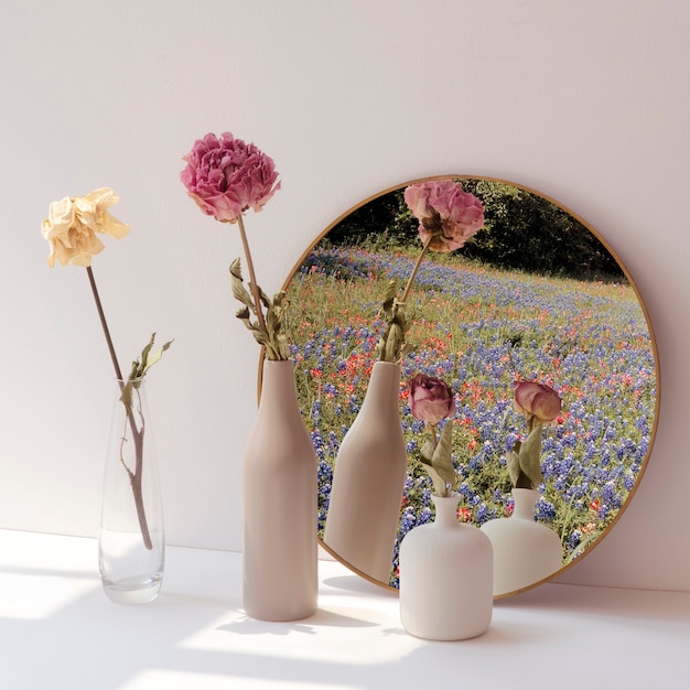 Free photo dried flowers in minimal vases by a round mirror
