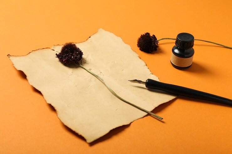 मुफ़्त फोटो dried flowers old paper and pen with ink on orange background