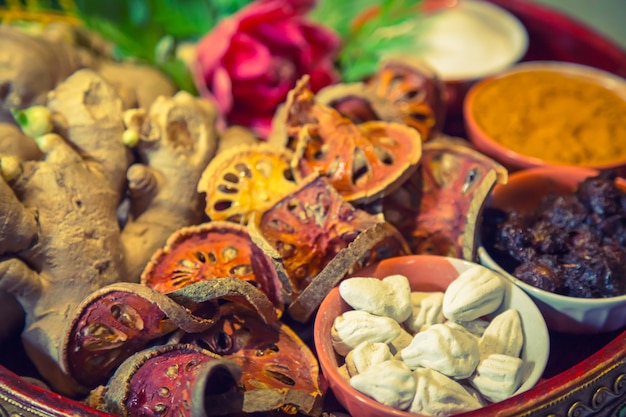 Dried food in a clay bowl close up