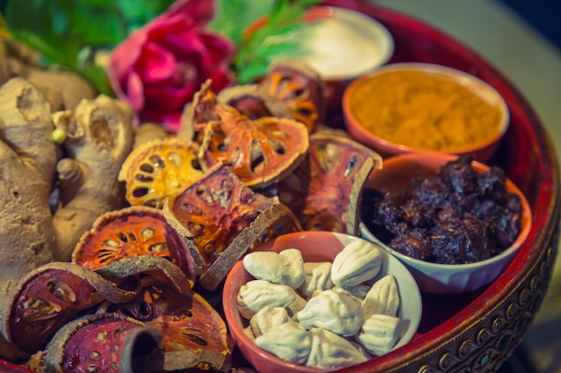 Dried food in a clay bowl