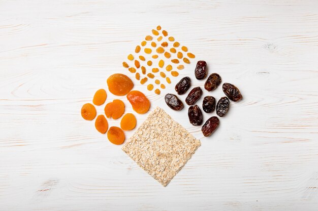 Dried fruits arrangement flat lay