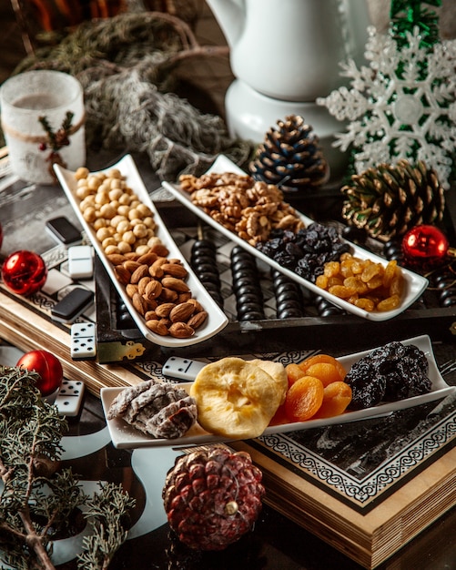 Dried fruits and nuts in plates