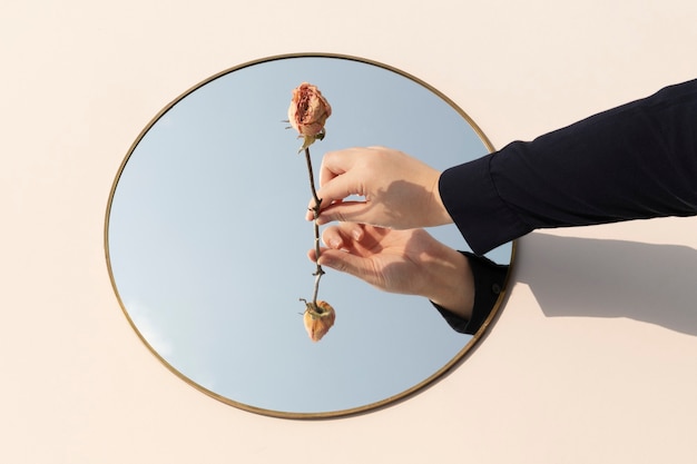 Free Photo dried pink rose in a the middle of a tray