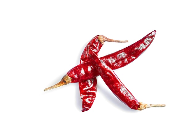 Dried red chili or chilli cayenne pepper isolated on white background. Top view. Still life. Copy space. Flat lay