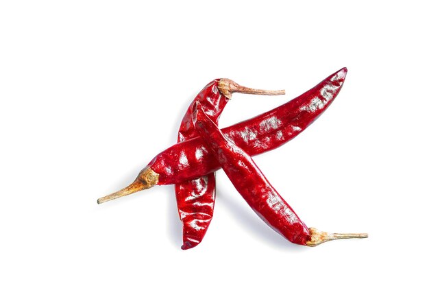 Dried red chili or chilli cayenne pepper isolated on white background. Top view. Still life. Copy space. Flat lay