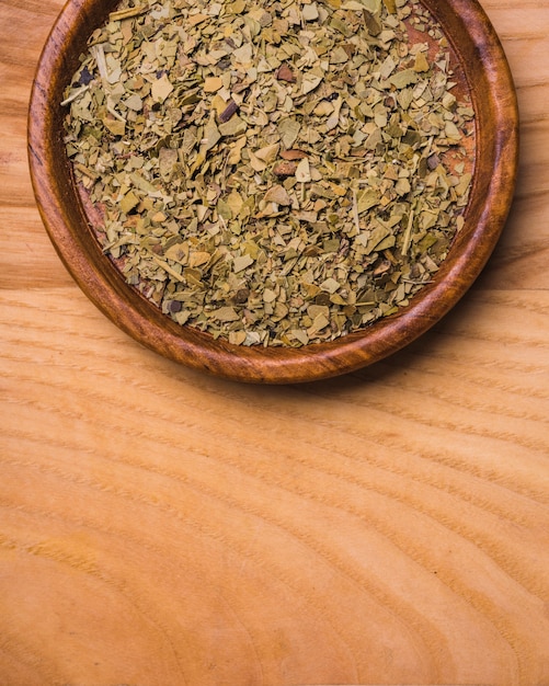 Dried tea leaves on plate over wooden background