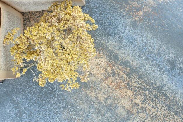 Dried yellow flowers and book on marble.