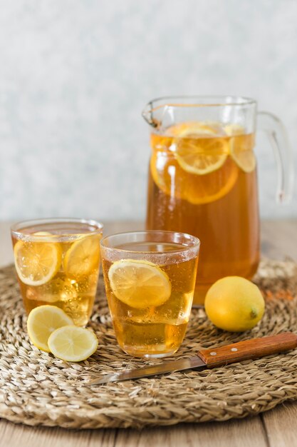 Drinks with lemon slices with fruit