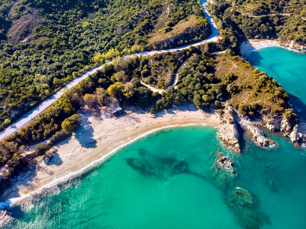 Drone aerial view of Ancient Stageira city in Halkidiki Greece