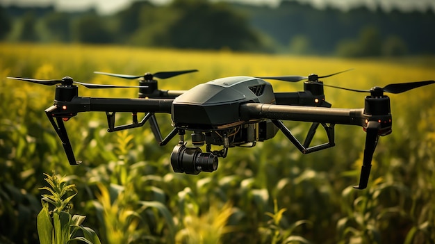 Foto gratuita un drone che vola nel campo in un campo di mais
