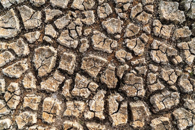 Земля потрескалась засухой на виде сверху. текстура поверхности почвы трещины. справочная информация о погоде с жарким засушливым климатом. коричневый битый грунт. глобальное потепление и экологический кризис.